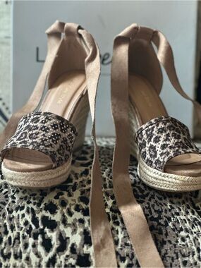 Wedge Espadrille Sandals with Leopard Print and Ankle Tie - Tan